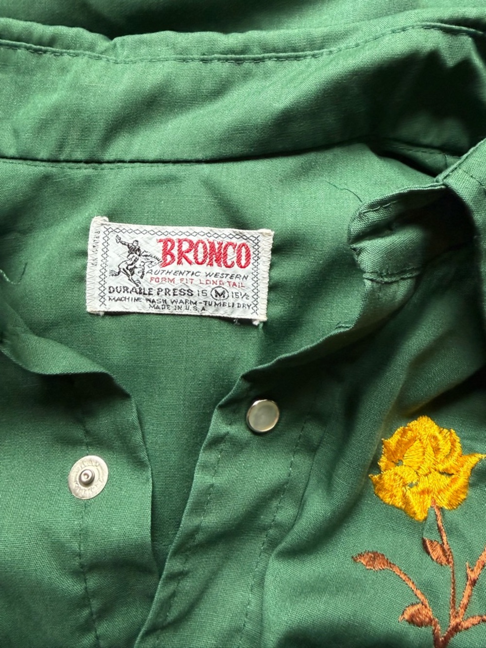Vintage Bronco Western Shirt Green Embroidered Roses Snap Button M - Picture 6 of 8